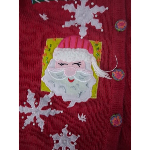 Vtg Womens Large Cardigan Sweater Embroidered Beads Santa Snowman Reindeer Tiara - Picture 5 of 11